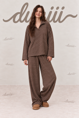 Duniii Striped V-Neck Long Sleeve Lounge Set