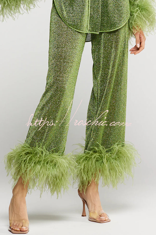 Glitter Feather Trim Two-Piece Lounge Set – Long Sleeve & Pants