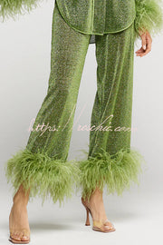Glitter Feather Trim Two-Piece Lounge Set – Long Sleeve & Pants