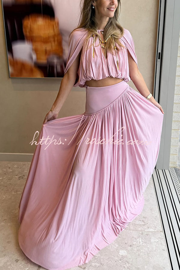 Cutout Neck Crop Top & High-Rise Pleated Maxi Skirt Set