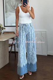 Wide Leg Jeans with Lace Patchwork Detail, High Rise