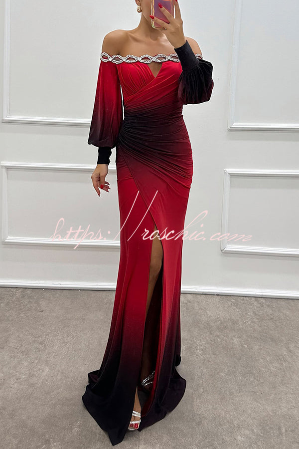 Gradient Print Off-Shoulder Gem Detail Maxi Gown Dress