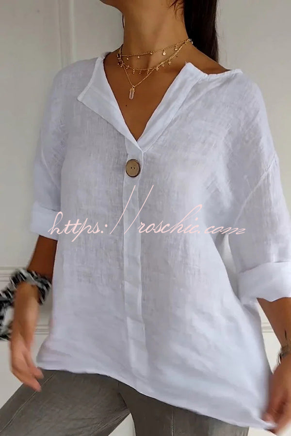 Linen Blend V-Neck Top | 3/4 Sleeve Loose Casual Blouse