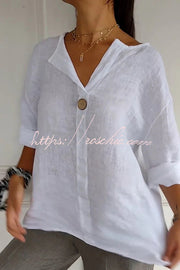 Linen Blend V-Neck Top | 3/4 Sleeve Loose Casual Blouse