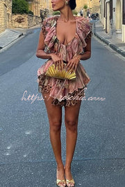 Floral Leopard Print Cutout Waist Tiered Ruffle Mini Dress
