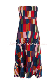Linen Blend Color Block Strapless Midi Dress