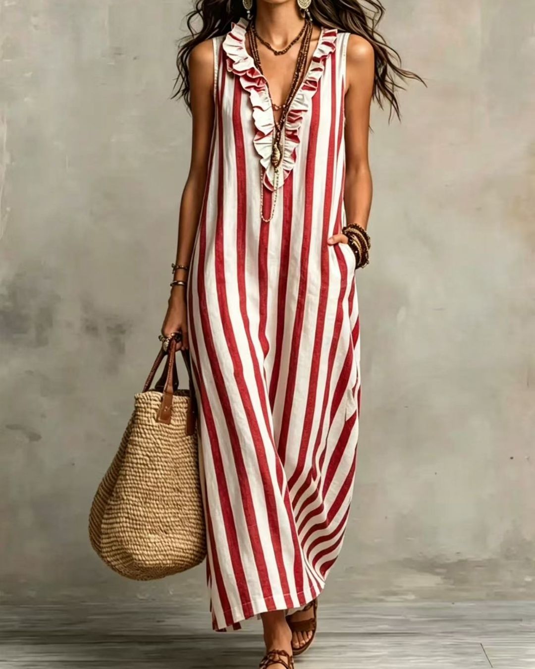 Stripe Ruffle V-Neck Pocket Dress