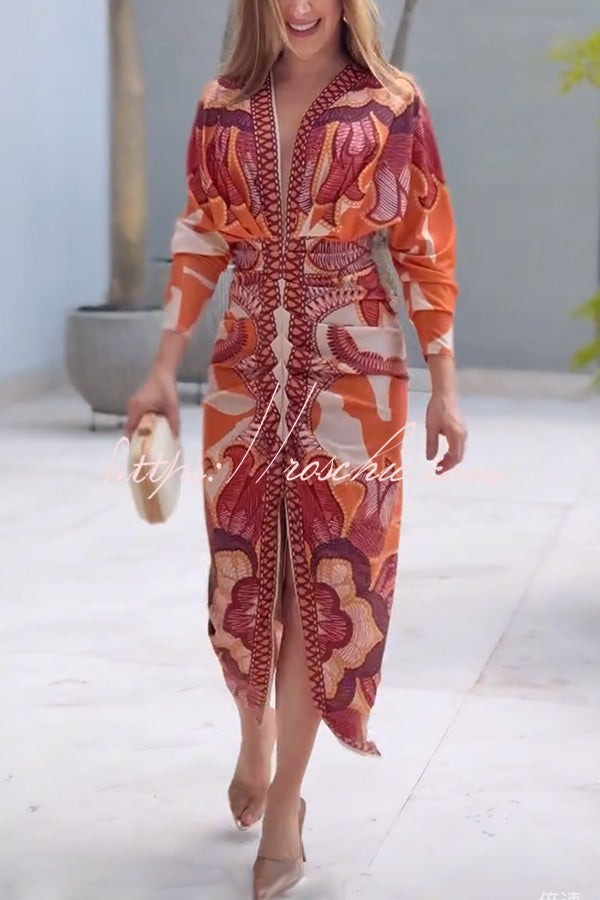 Printed Dolman Sleeve Ruched Midi Dress with Side Slit