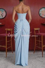 Chiffon Strapless Maxi Dress with Asymmetrical Pleats and Slit