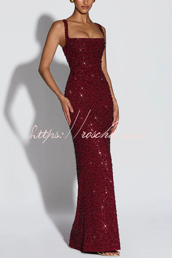 Sequin Chiffon Ruched Square Neck Lace-Up Maxi Dress