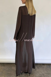 Mesh See-Through Maxi Dress with Tie Bow & Side Slit