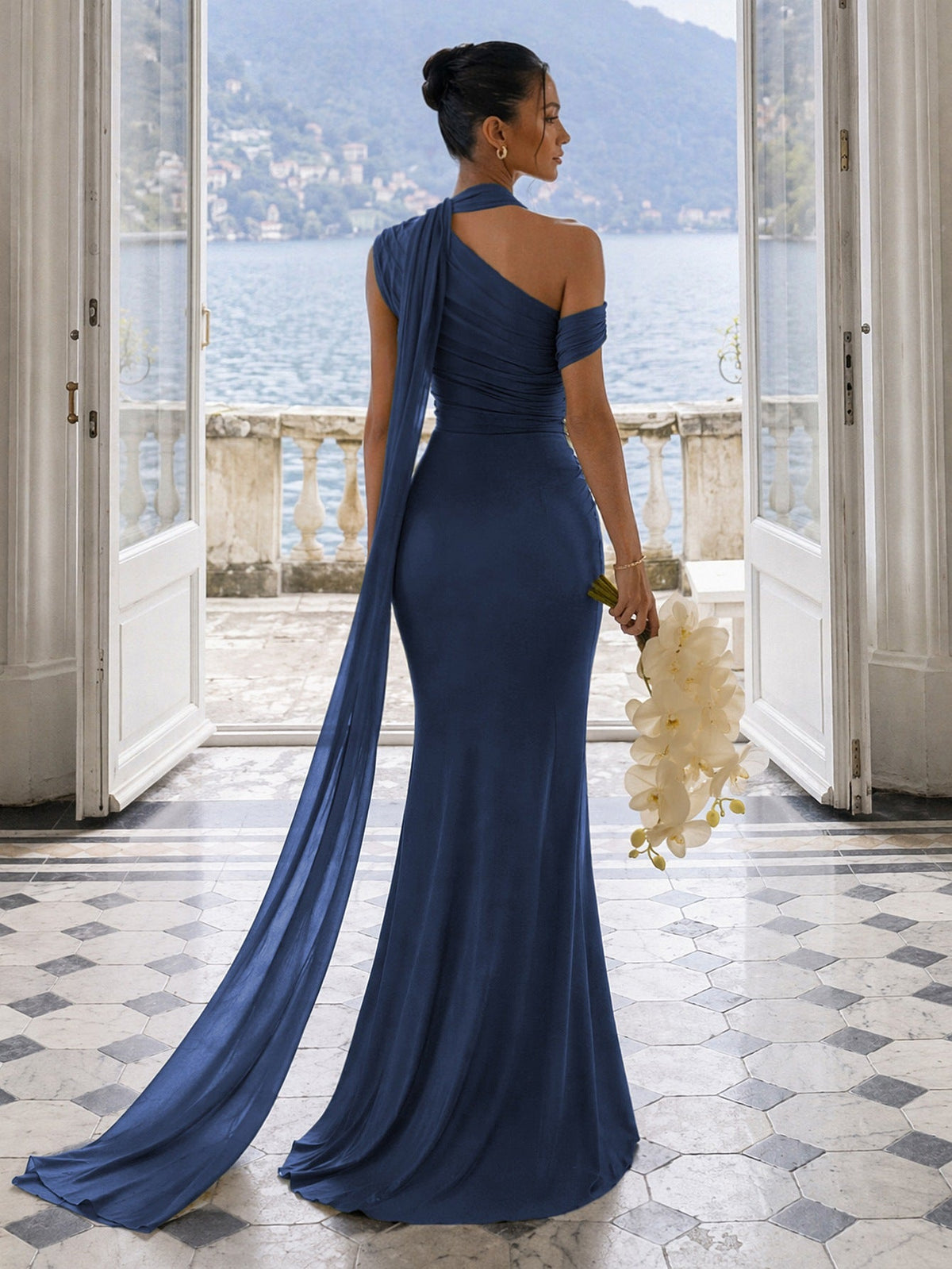 One Shoulder Formal Evening Gown with Built-In Bra, Ruched Mesh