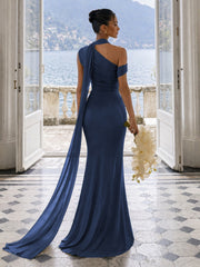 One Shoulder Formal Evening Gown with Built-In Bra, Ruched Mesh