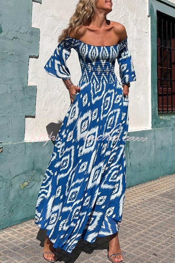 Ethnic Print Smocked Off Shoulder Maxi Dress with Pockets