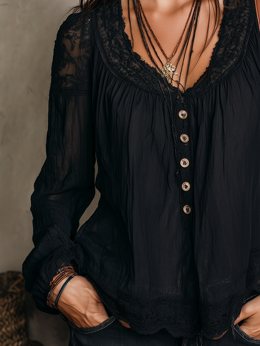 Black Lace Bell Sleeve Blouse | Bohemian Long Sleeve Top