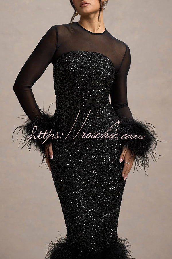 Sequin Feather Trim Midi Dress – Long Sleeve Party Dress