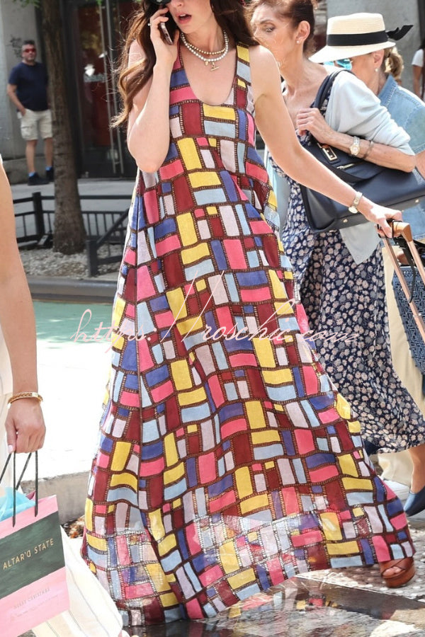 Color-block Plaid Print Sleeveless Maxi Dress – Loose Fit