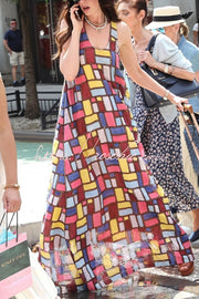 Color-block Plaid Print Sleeveless Maxi Dress – Loose Fit