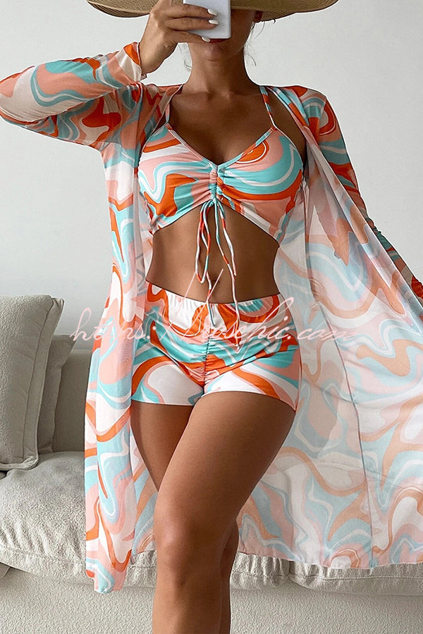 Printed Lace-Up Pleated Three-Piece Swimsuit Set