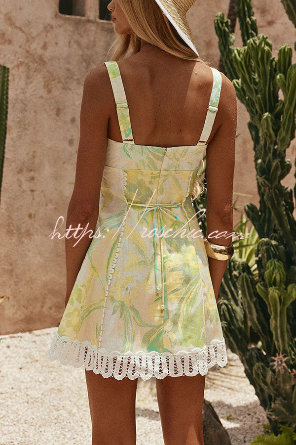 Floral Linen Blend Mini Dress with Crochet Trim & Lace-Up Back