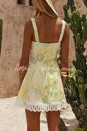 Floral Linen Blend Mini Dress with Crochet Trim & Lace-Up Back