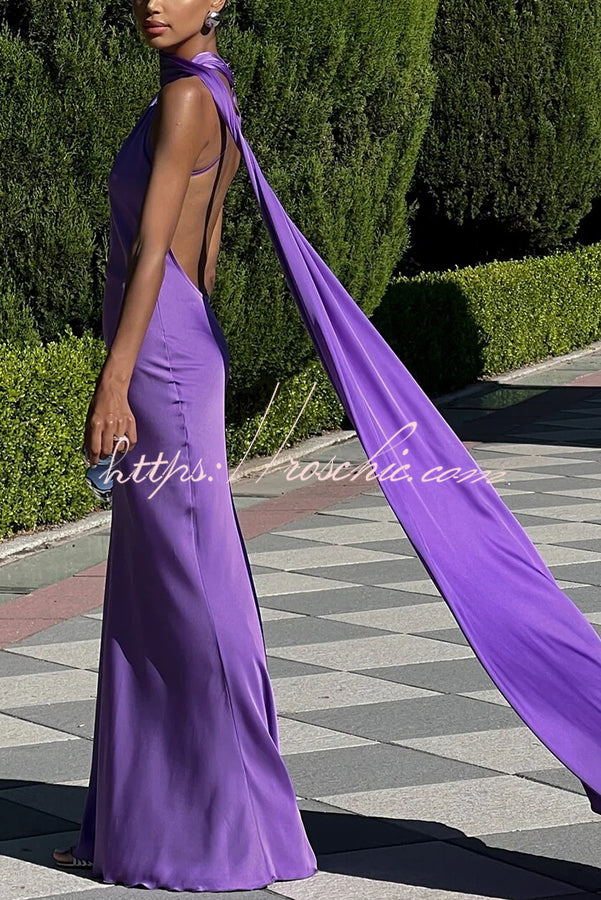 Satin One Shoulder Backless Cape Maxi Dress
