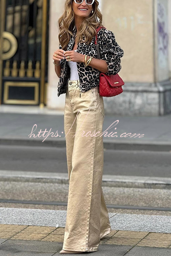 Metallic Wide Leg Pants High Waist with Pockets
