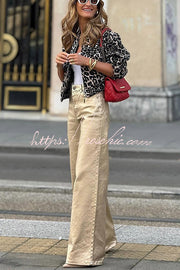 Metallic Wide Leg Pants High Waist with Pockets