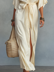 Ivory Tie-Waist Shirt Maxi Dress with Long Sleeves