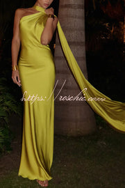 Satin One Shoulder Backless Cape Maxi Dress