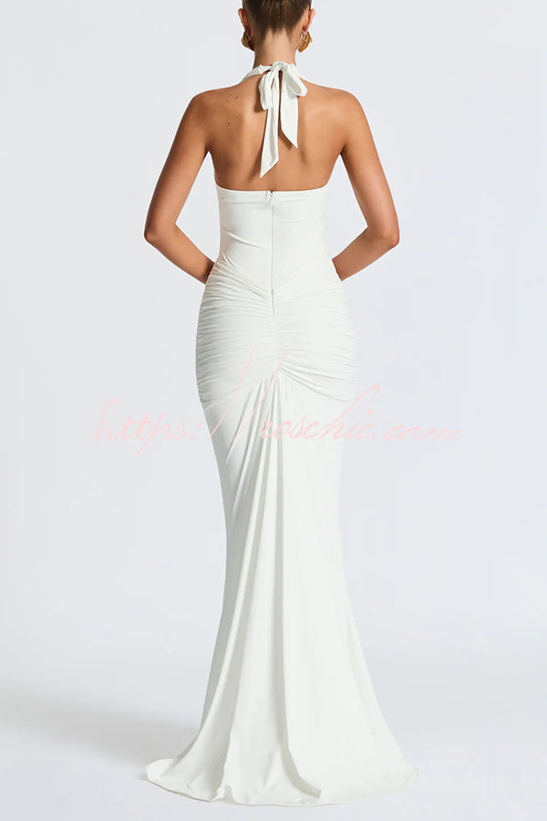 Halter V-Neck Open Back Maxi Dress – Solid Color Slim Fit