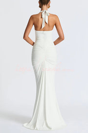 Halter V-Neck Open Back Maxi Dress – Solid Color Slim Fit