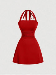 Women's Ruched Halter Dress – Sleeveless A-Line Summer Dress