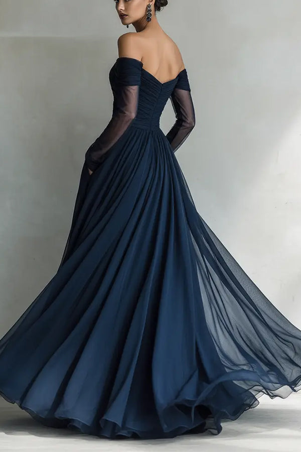 Ruched Sweetheart Maxi Dress with Long Sleeves