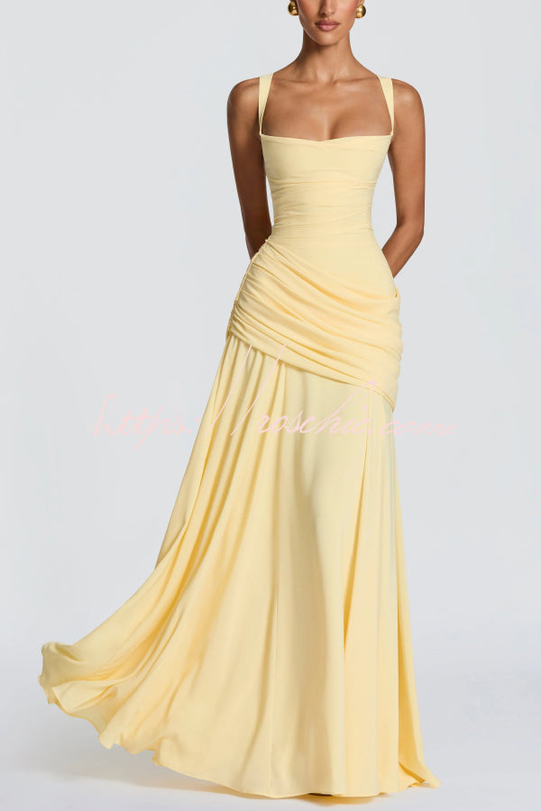 Spaghetti Strap Square Neck Pleated Maxi Dress – Slim Fit