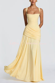 Spaghetti Strap Square Neck Pleated Maxi Dress – Slim Fit