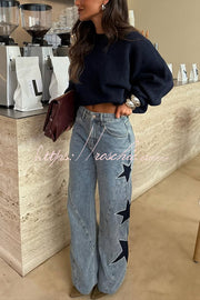 Women's Wide Leg Denim Jeans with Star Print Pockets
