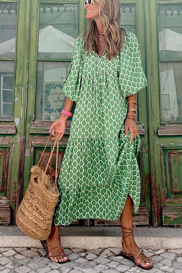 Puff Sleeve Tiered Midi Dress for Vacation Wear