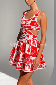 Holiday Print Ric Rac Trim Cutout Mini Dress