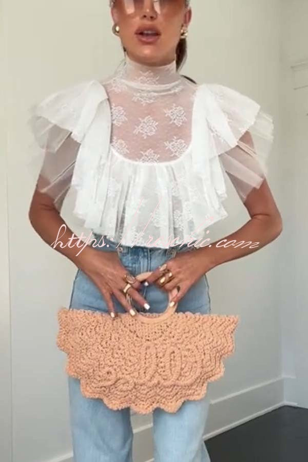 Lace Tulle High Neck Ruffle Cropped Top | Party & Vacation