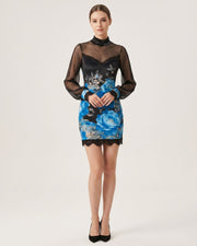 Lace-Trim Printed Mesh Mini Dress