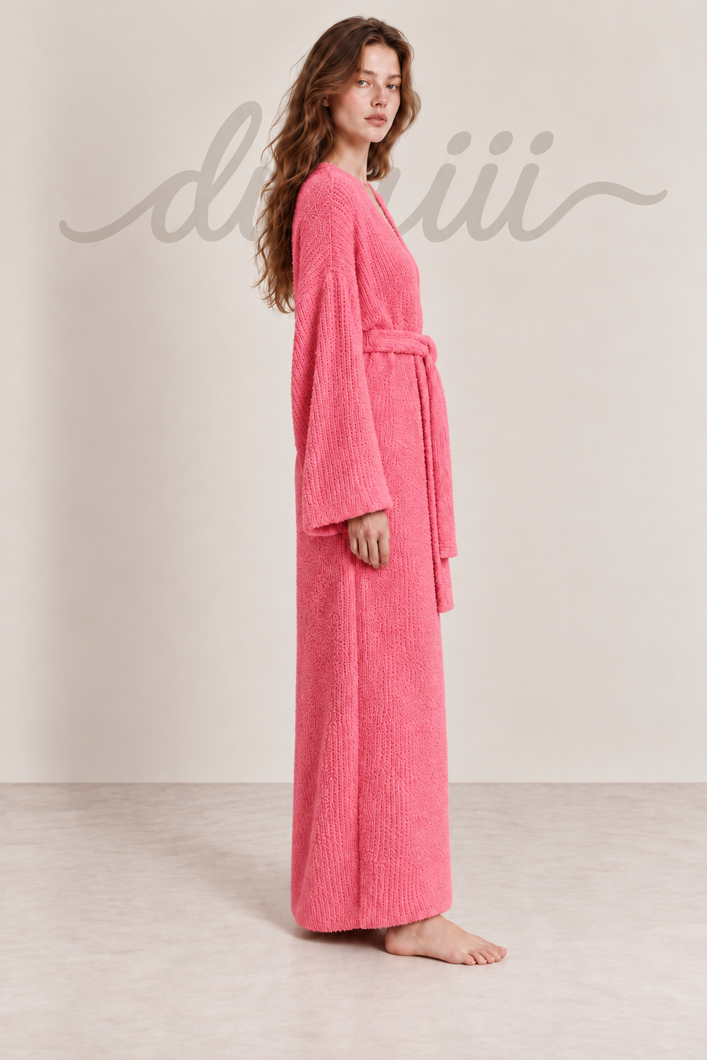 Textured Knit Full-Length Robe with Tie Belt