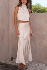 Satin High Neck Maxi Skirt Set – Sleeveless Drape Two-Piece