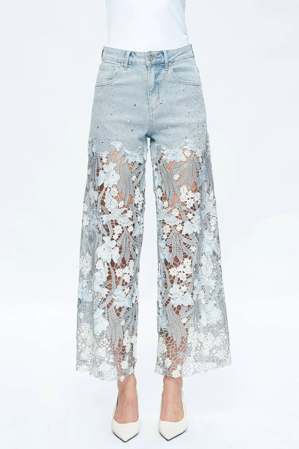Lace Openwork Straight-Leg Jeans with Pockets
