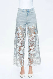Lace Openwork Straight-Leg Jeans with Pockets