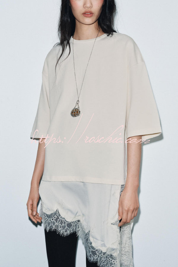 Lace Hem Loose Fit Round Neck Short Sleeve T-Shirt