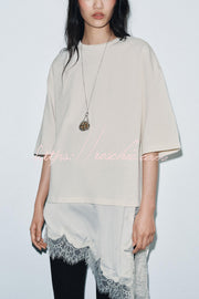 Lace Hem Loose Fit Round Neck Short Sleeve T-Shirt