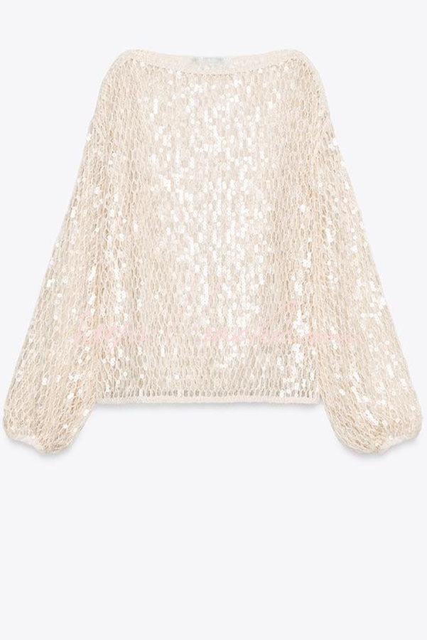 Sequin Knit Balloon Sleeve Cover-Up Top | Loose Wide Neck