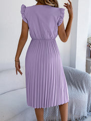 Robe midi plissée sans manches à col en V et bordure en dentelle