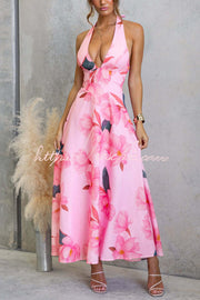 Robe longue dos nu à imprimé floral et col licou